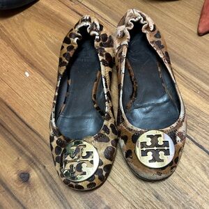 Tory Burch Animal Print Flats with Gold Accents